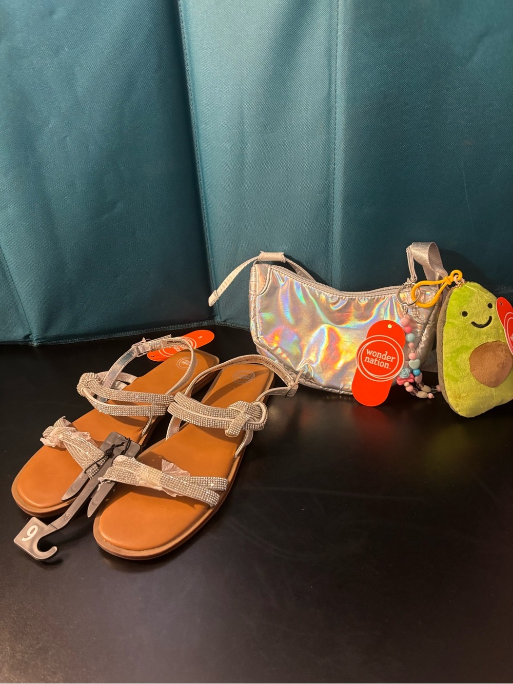 wonder nation Girls Silver Rhinestone Strappy Sandals with Holographic Purse